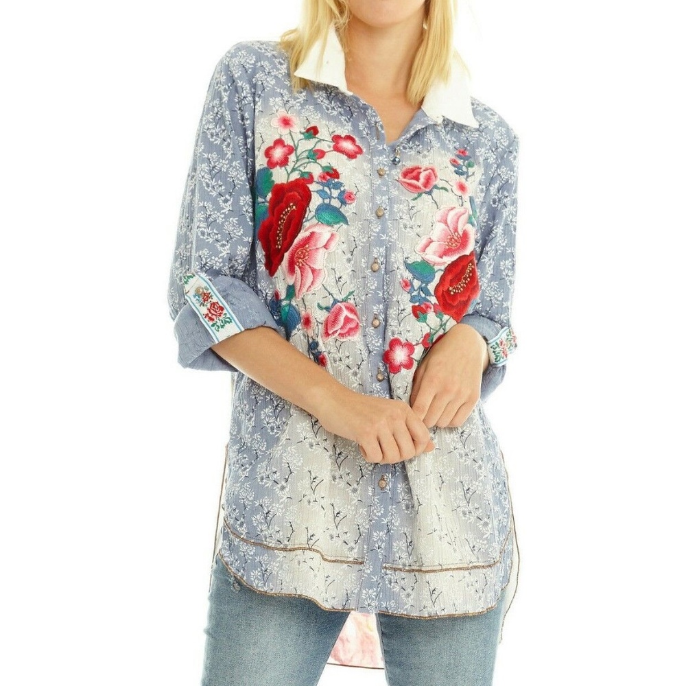 Aratta Coronet Shirt • Small • Floral • Hi/Low Hem • Embroidered • Blue • Red